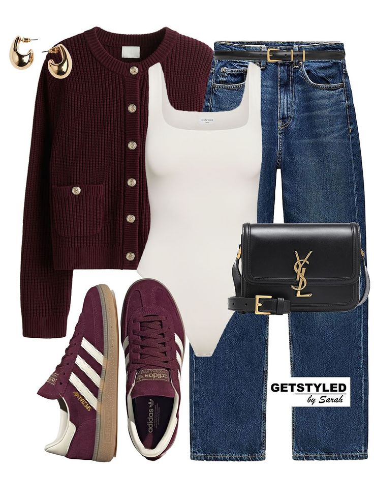 Chic casual outfit with burgundy sweater, white tank top, jeans, Adidas sneakers, black YSL bag, and gold earrings.