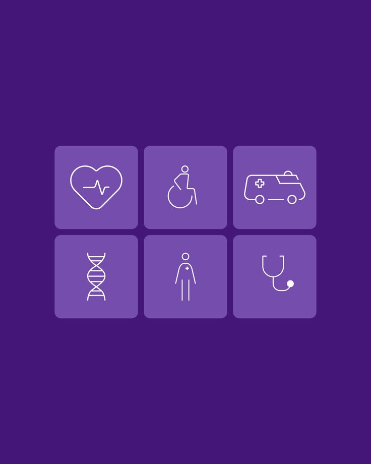Icons representing healthcare: heart rate, wheelchair, ambulance, DNA, doctor, stethoscope on a purple background.