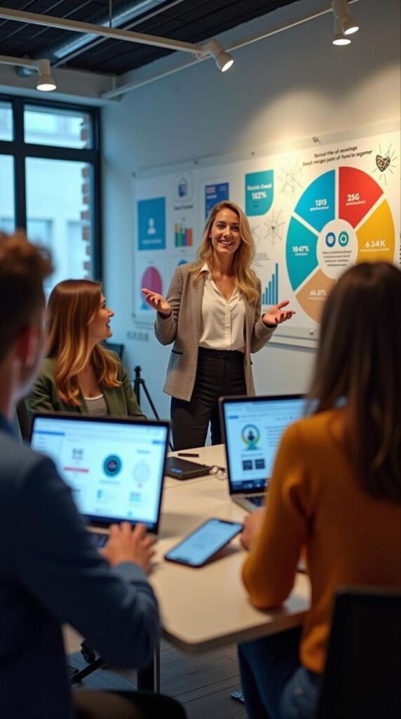 Woman leading a business meeting with charts and graphs, colleagues using laptops, conference room setting.