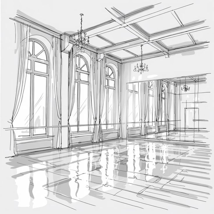 Elegant ballroom sketch with tall arched windows, chandeliers, and reflective flooring.