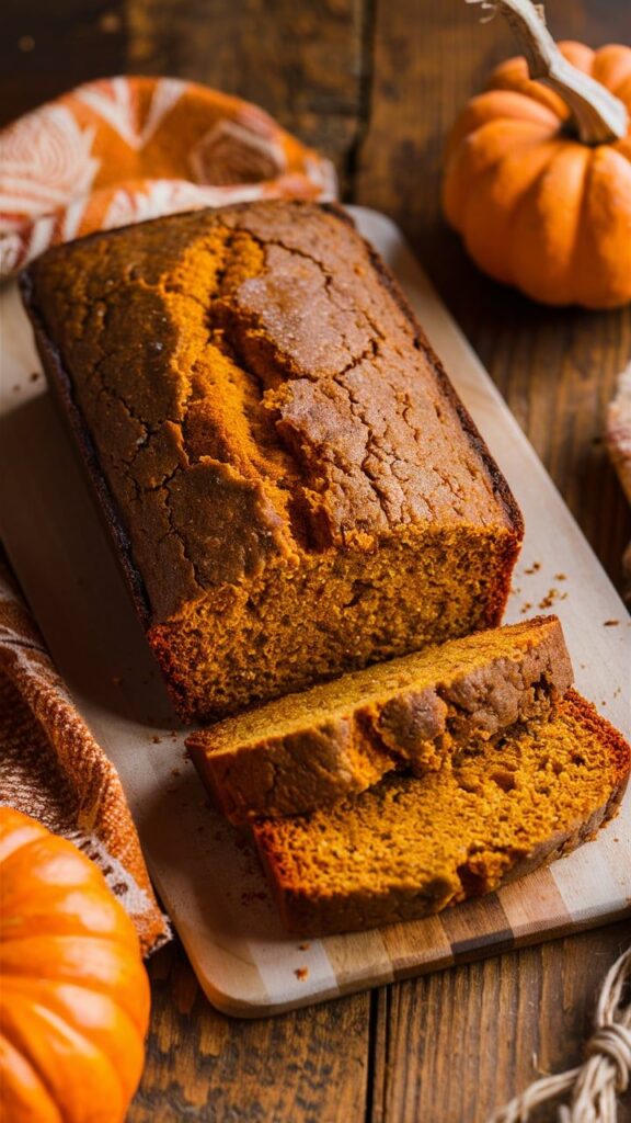 Pumpkin Bread Thats Moist Fluffy Full of Flavor Freshly baked pumpkin bread sliced on a wooden board, surrounded by mini pumpkins and a patterned cloth. | Sky Rye Design Freshly baked pumpkin bread sliced on a wooden board, surrounded by mini pumpkins and a patterned cloth.