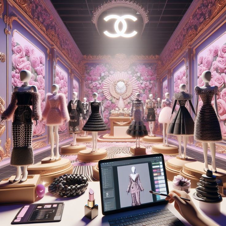 Luxurious fashion showroom with elegant dresses on mannequins, digital design tools, and floral décor.