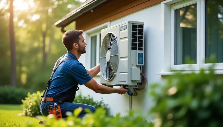 Technician installing an outdoor air conditioning unit on a sunny day.