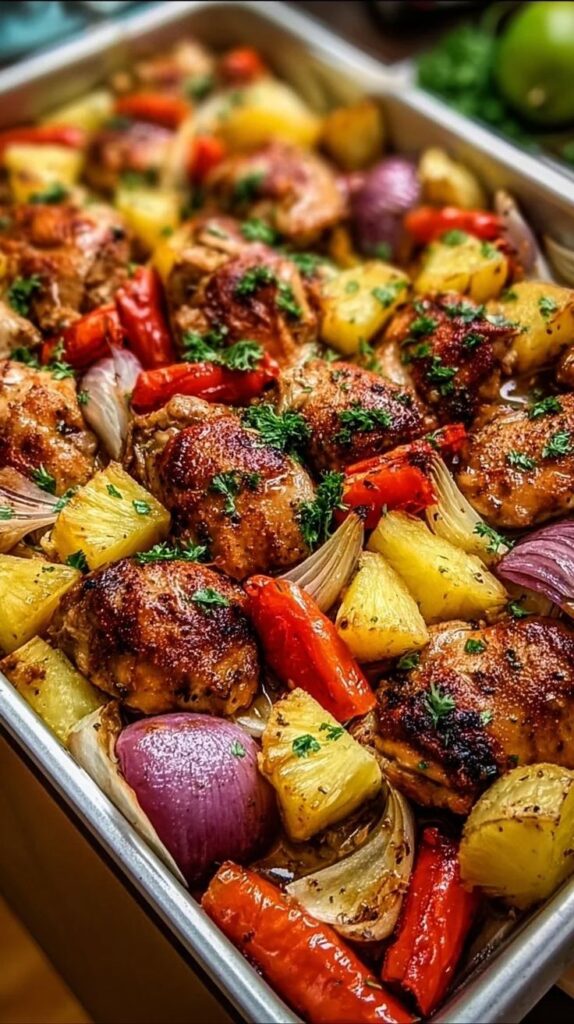 Baked chicken with pineapple, red peppers, and onions in a tray, garnished with fresh herbs.