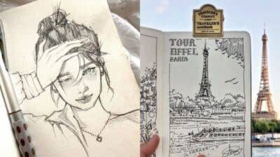Sketch of a woman holding her head and a drawing of the Eiffel Tower, both in a traveler's notebook.