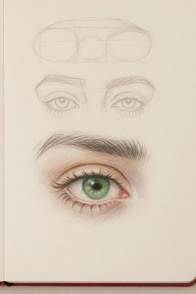 Pencil and colored drawing of human eye, sketch progression from outline to detailed green iris on paper.