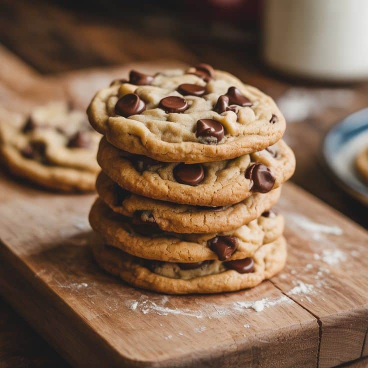Stack of homemade chocolate chip cookies on a wooden board, close-up view.