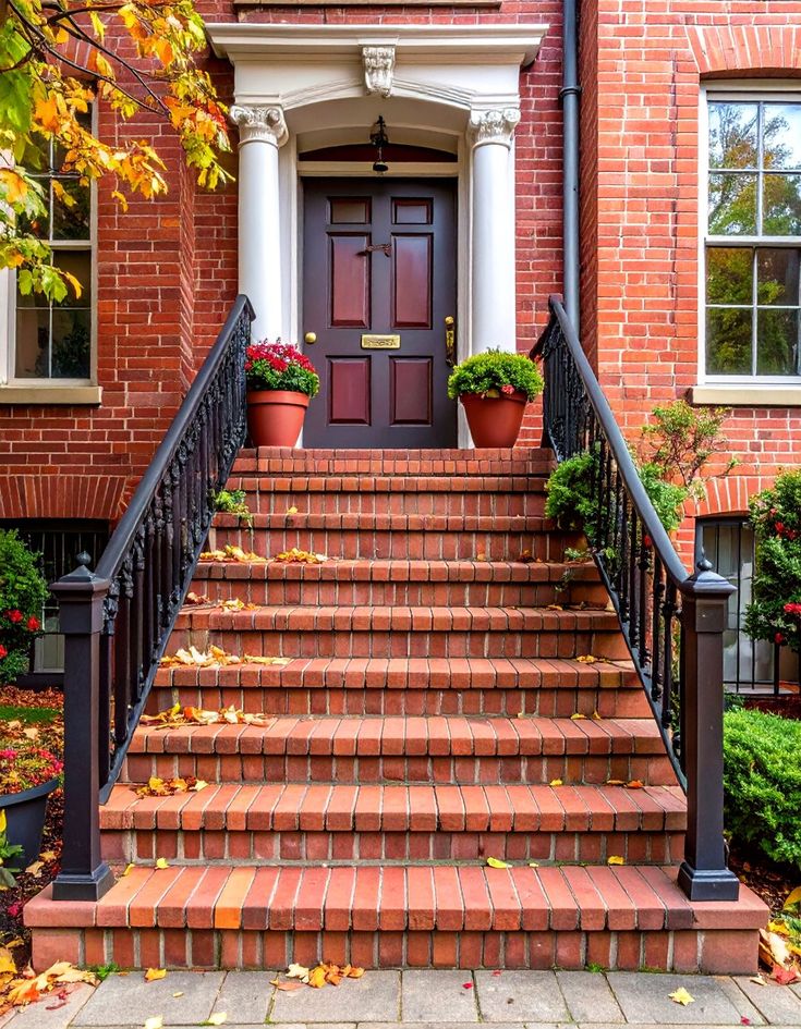 Reclaimed Antique Brick Character Steps - 24 Brick Front Steps Design Ideas for Entryways Today Red brick entry steps with potted plants and black railings leading to a classic brown door in an urban setting. | Sky Rye Design Red brick entry steps with potted plants and black railings leading to a classic brown door in an urban setting.
