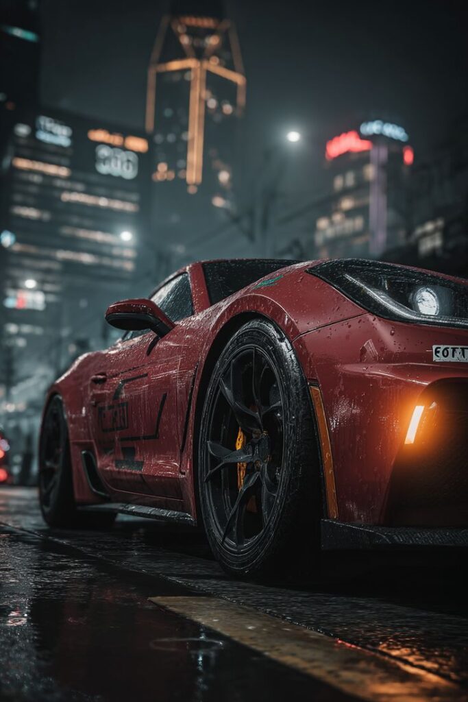 Red sports car on a rainy city street, illuminated by city lights at night.