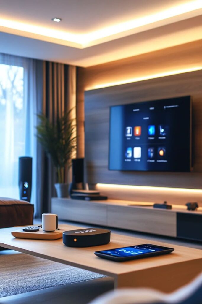Modern living room with smart TV, ambient lighting, coffee table, and tablet creating a cozy tech-equipped space.