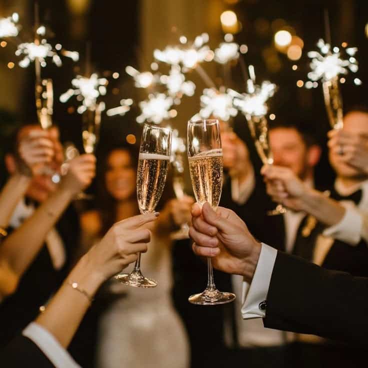 Ring in Love_ Stunning New Years Wedding Ideas for an Unforgettable Celebration Group celebrating with champagne and sparklers at a festive party, raising glasses in a joyful toast. | Sky Rye Design Group celebrating with champagne and sparklers at a festive party, raising glasses in a joyful toast.