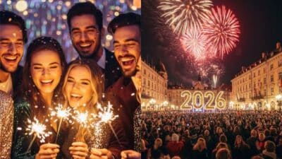 Friends celebrating New Year's Eve with sparklers; 2026 fireworks display over a packed city square.