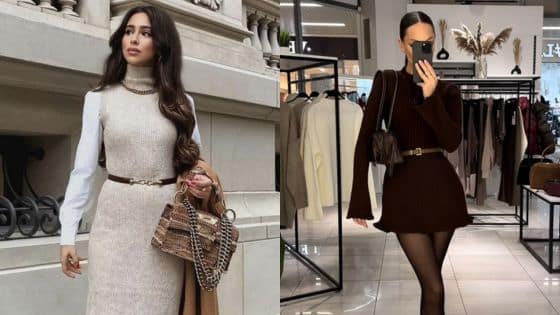 Rock Winter Fabulous Dress Outfits for Every Occasion Fashionable women in stylish outfits; left in beige and right in brown, showcasing urban and chic styles. | Sky Rye Design Fashionable women in stylish outfits; left in beige and right in brown, showcasing urban and chic styles.