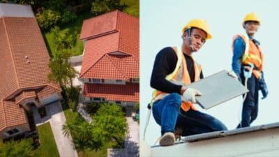 Aerial view of a house with red roof alongside workers in safety gear installing roofing material.