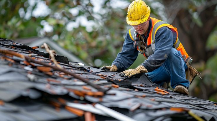 Construction worker in safety gear repairs roof shingles on a residential home.