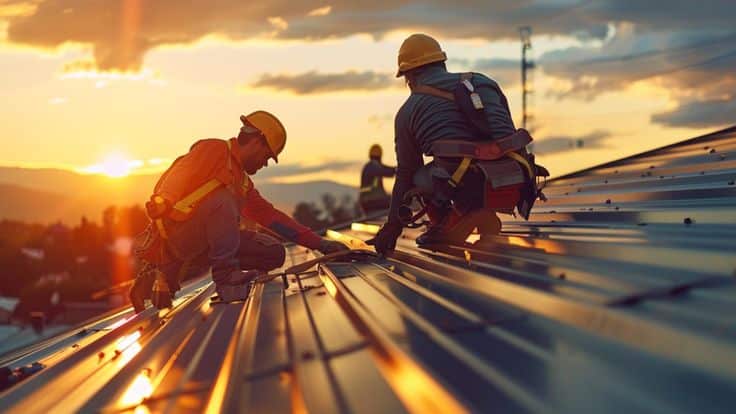Workers installing metal roofing at sunset, wearing safety gear.