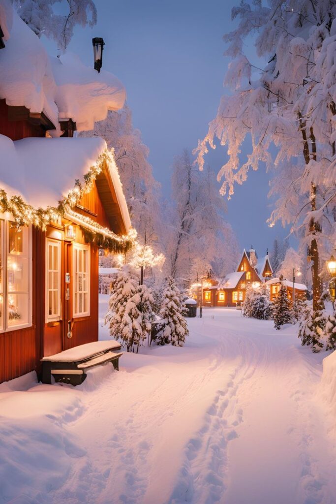 Rovaniemi Finland_ The Official Hometown of Santa Claus Cozy snow-covered cabin with festive lights in a serene winter landscape at dusk. | Sky Rye Design Cozy snow-covered cabin with festive lights in a serene winter landscape at dusk.