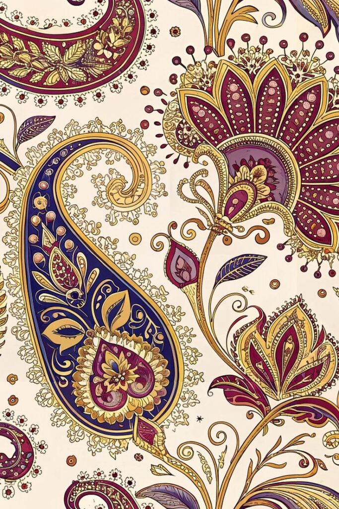 Royal Persian Paisley Digital Paper Seamless Boho Pattern Bundle Printable JPG PNG_ Intricate paisley pattern with vibrant floral details in purple, gold, and maroon on a beige background. | Sky Rye Design Intricate paisley pattern with vibrant floral details in purple, gold, and maroon on a beige background.