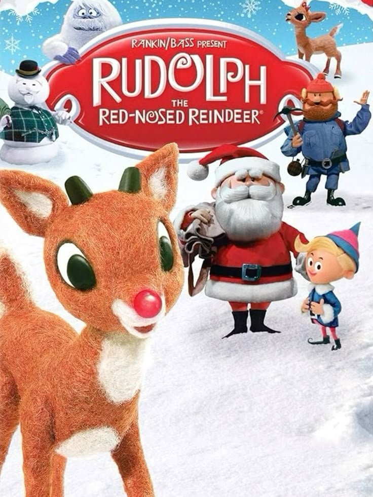 Rudolph the Red-Nosed Reindeer with Santa and friends in snowy winter scene, classic holiday movie poster.