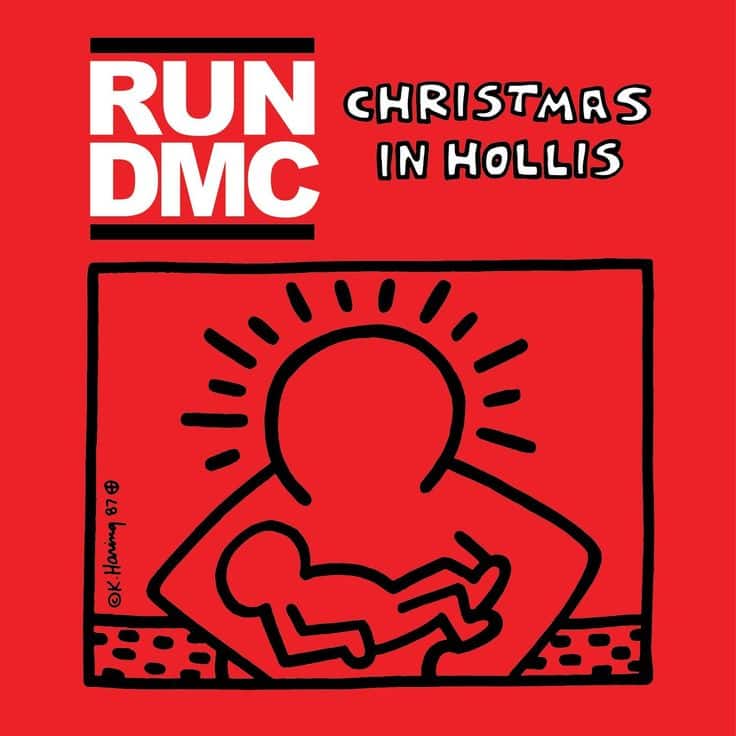 Run DMC Christmas in Hollis album cover with bold text and artistic illustration by Keith Haring on a red background.