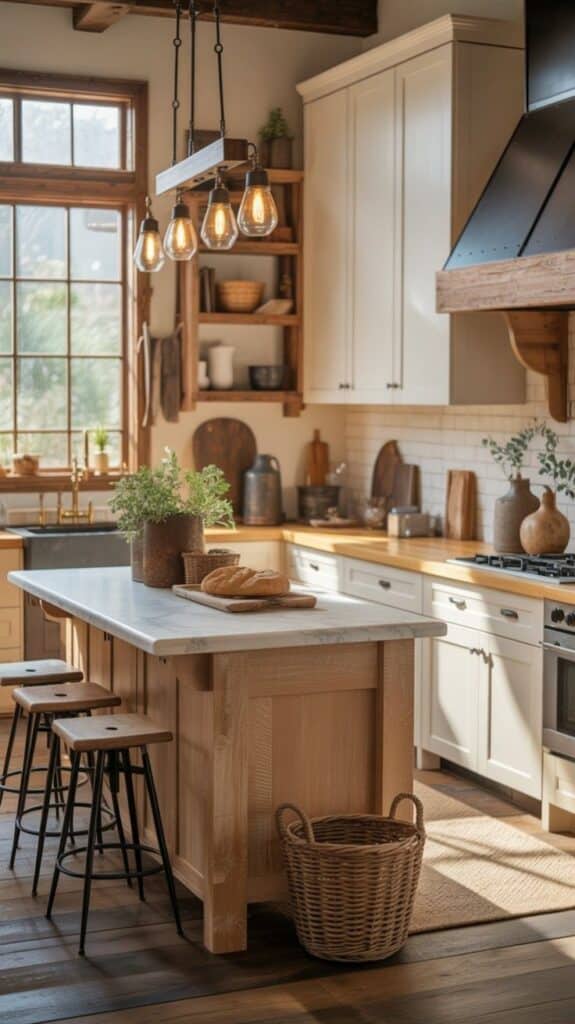 Rustic kitchen with island, wooden shelves, hanging lights, and natural decor, featuring fresh bread and greenery.