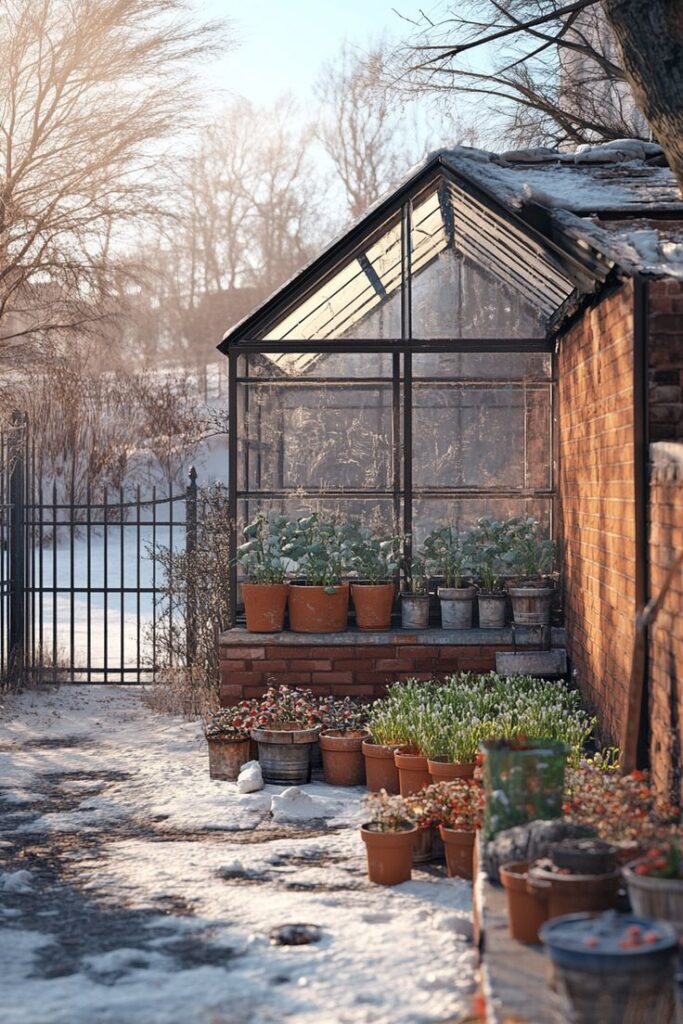 Winter garden scene with a rustic greenhouse, potted plants, and light snow on the ground.