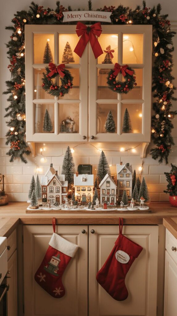 Rustic Kitchen Christmas Decor Using Wood and Greenery _ Festive kitchen cabinet with Christmas village, wreaths, and stockings, illuminated by warm holiday lights. | Sky Rye Design Festive kitchen cabinet with Christmas village, wreaths, and stockings, illuminated by warm holiday lights.