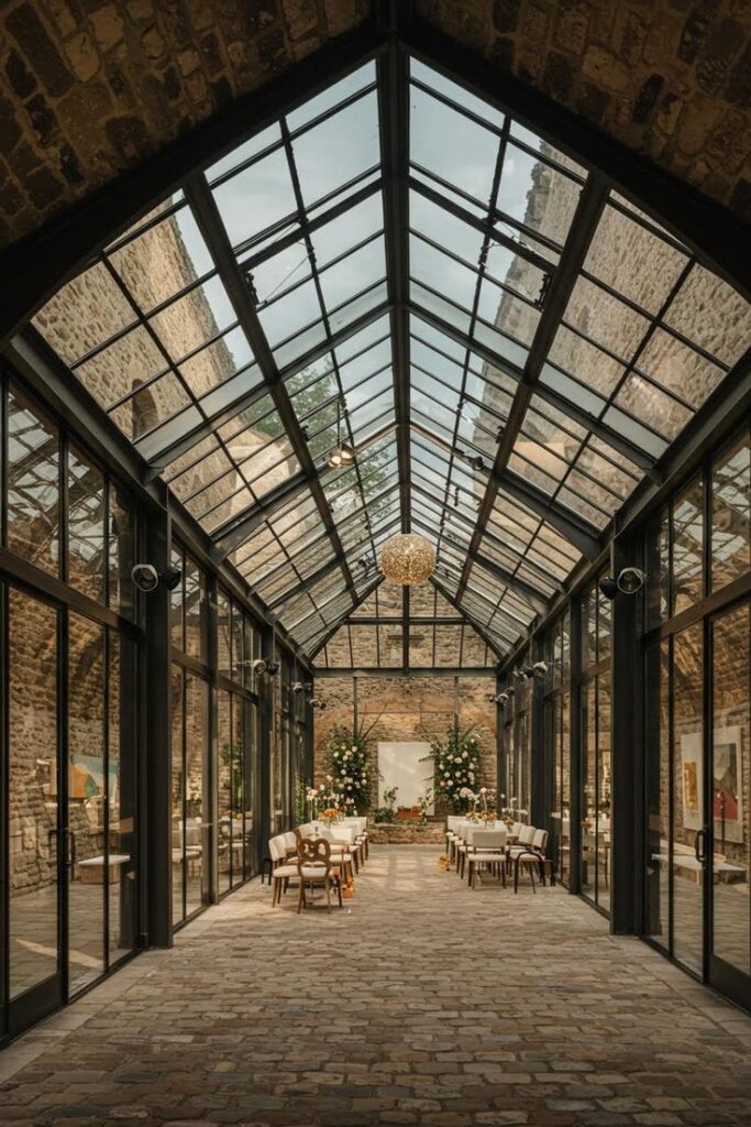 Elegant glass-roofed venue with stone walls, decorated for an event with tables, chairs, and floral arrangements.