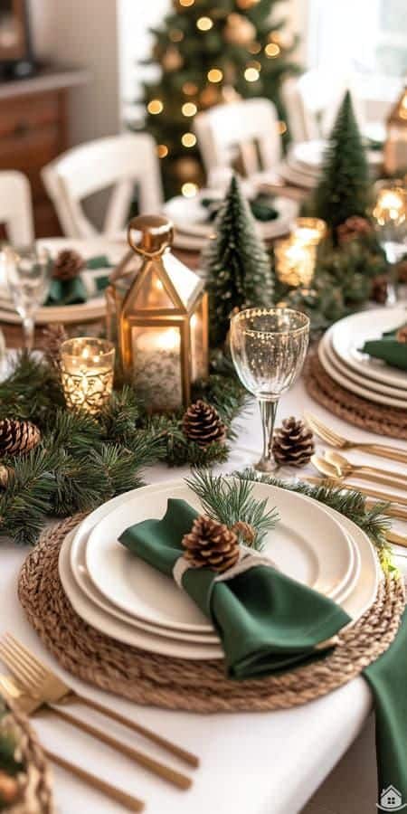 Elegant Christmas table setting with pinecones, green napkins, candles, and festive decor.