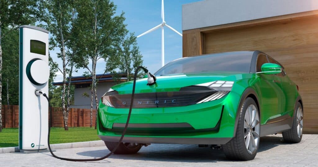 xrdDAFFMMvKkjk616j1345855357468866573t23100417 Green electric car charging at home station with wind turbine in background, illustrating renewable energy use. | Sky Rye Design Green electric car charging at home station with wind turbine in background, illustrating renewable energy use.