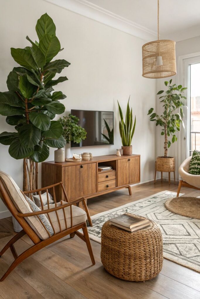 Cozy living room with wooden furniture, indoor plants, and woven decor creating a warm, natural ambiance.