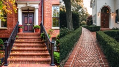 Red brick steps with potted plants and a herringbone walkway leading to a white house with a black door.