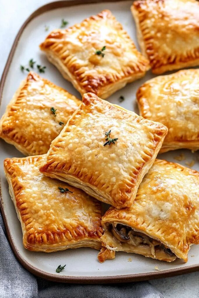 Savory Hand Pies Golden puff pastry squares filled with mushrooms on a plate garnished with fresh herbs. | Sky Rye Design Golden puff pastry squares filled with mushrooms on a plate garnished with fresh herbs.