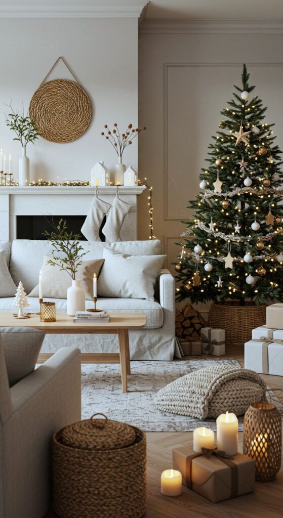 Scandinavian Christmas Living Room Decor That Feels Cozy Calm Cozy Christmas living room with decorated tree, candles, gifts, and Christmas stockings by the fireplace. | Sky Rye Design Cozy Christmas living room with decorated tree, candles, gifts, and Christmas stockings by the fireplace.