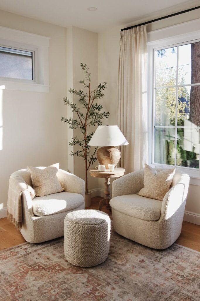 Cozy living room with beige armchairs, ottoman, side table, and potted plant by a sunny window with sheer curtains.