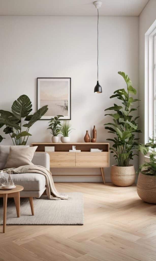Minimalist living room with wooden furniture, indoor plants, and cozy decor. Modern interior design with natural light.