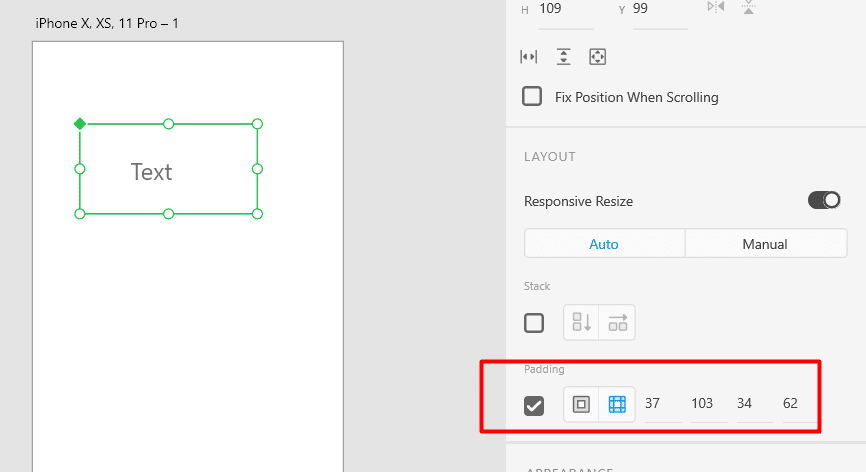 Design software interface showing layout and padding settings for a text box on iPhone X screen size.