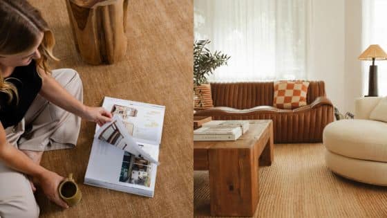 Seasonal Rug Swaps to Refresh Home Interior Cozy living room with woman browsing interior design book, featuring wooden coffee table and stylish furniture. | Sky Rye Design Cozy living room with woman browsing interior design book, featuring wooden coffee table and stylish furniture.