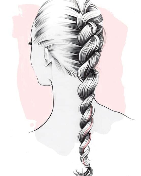 Illustration of a woman with a long braided hairstyle on a pink background, featuring intricate hair detail.