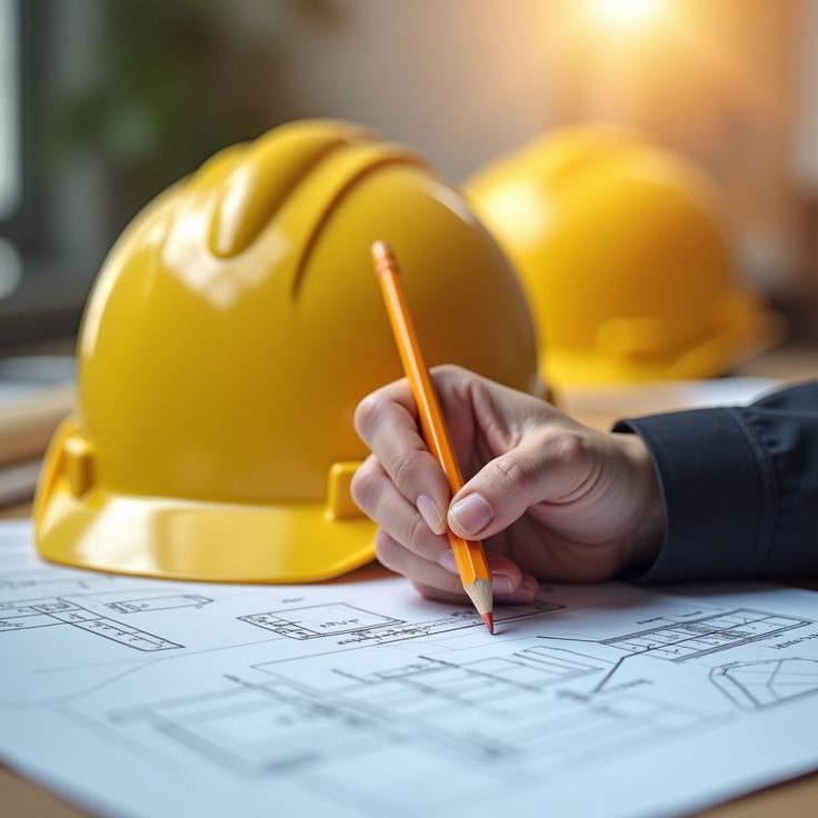 Hand drafts architectural plans with pencil; yellow hard hats in background, sunlight filtering through.