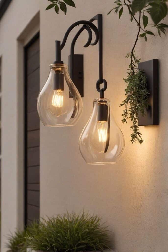 Elegant outdoor wall lights with vintage bulbs, illuminating a modern facade and greenery.