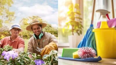 Gardening with a smile, cleaning supplies nearby in sunlight.