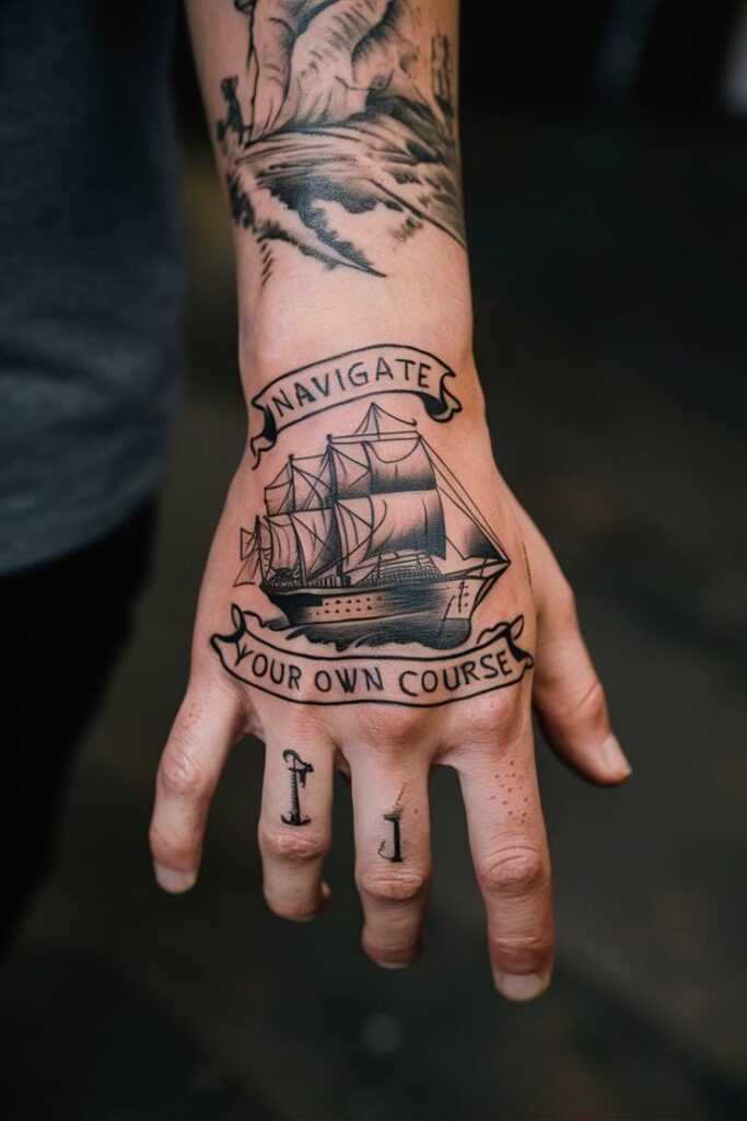 Hand with ship tattoo and Navigate Your Own Course banner, expressing freedom and self-direction.