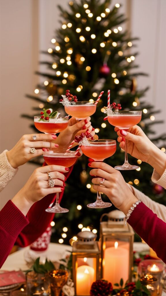 Sip the Season 🌟🍹 Festive holiday toast with cocktails in front of a Christmas tree, celebrating with friends. | Sky Rye Design Festive holiday toast with cocktails in front of a Christmas tree, celebrating with friends.