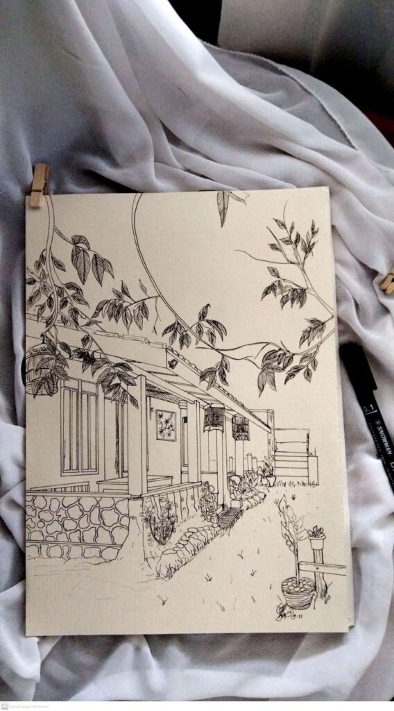 Sketch Line drawing of a house surrounded by leaves on paper with a pen and white fabric background. | Sky Rye Design Line drawing of a house surrounded by leaves on paper with a pen and white fabric background.