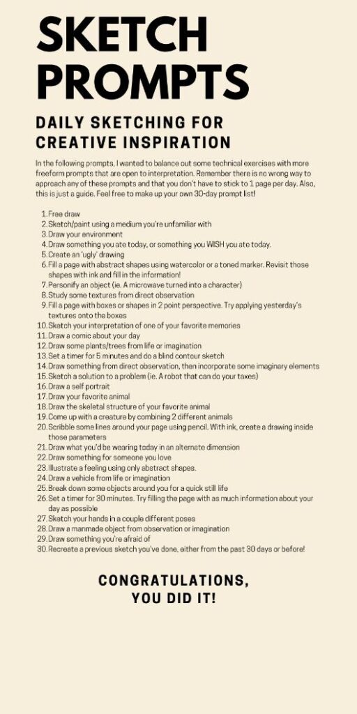30-day sketch prompts for daily creative inspiration, including free drawing, abstract shapes, and imaginative exercises.