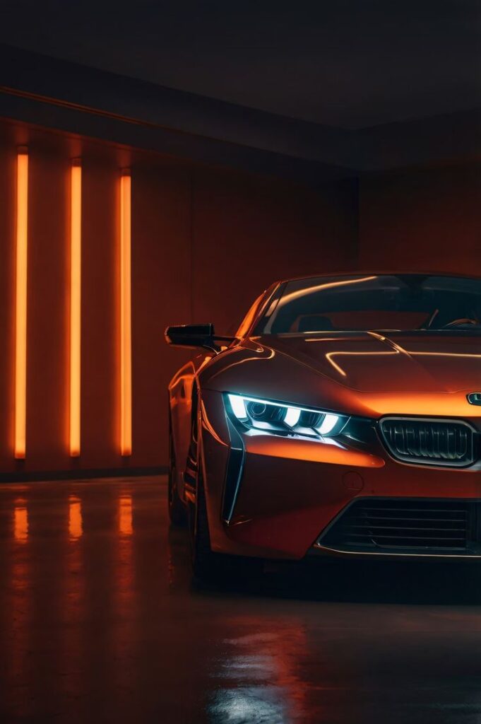 Sleek orange sports car with glowing headlights in a dimly lit garage, emphasizing luxury and modern design.