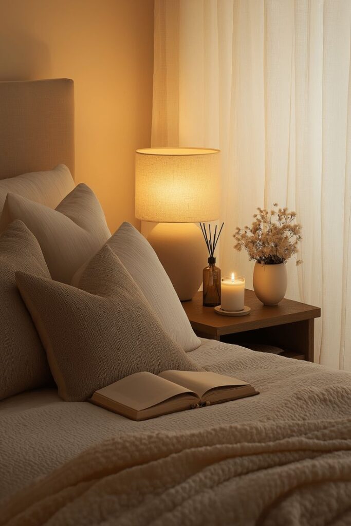 Cozy bedroom scene with soft lighting, pillows, a book, and a candle on a nightstand for a peaceful ambiance.