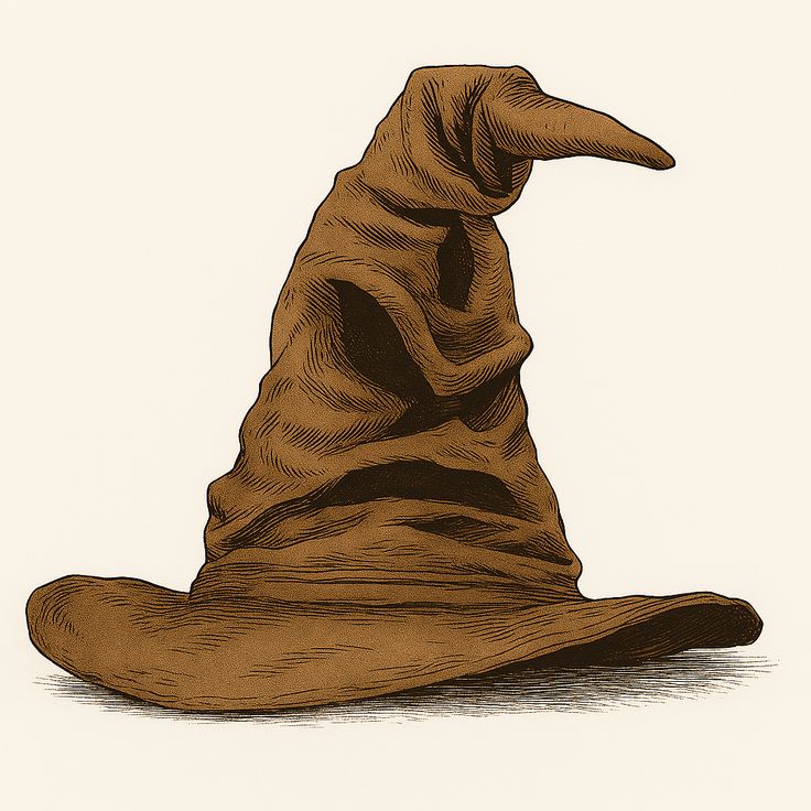 Slytherin Brown, wrinkled wizard hat with pointed tip isolated on light background, symbolizing magic and fantasy themes. | Sky Rye Design Brown, wrinkled wizard hat with pointed tip isolated on light background, symbolizing magic and fantasy themes.