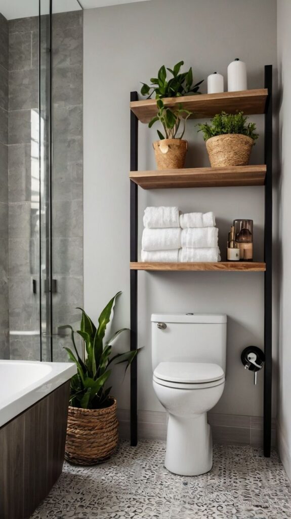 Modern bathroom with toilet, wooden shelves, green plants, white towels, and stylish decor elements above a tile floor.